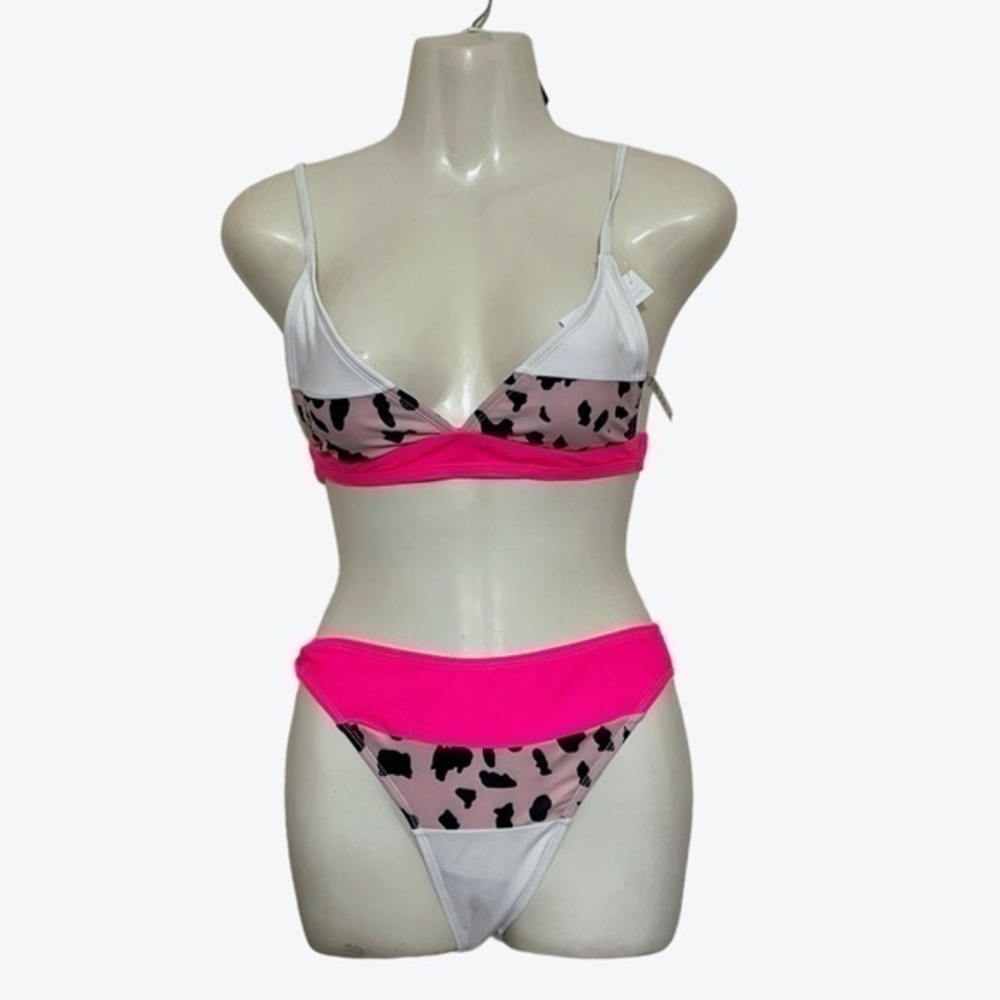 Unbranded Rose Color Block Leopard V Neck Backless 2 Piece Bikini Set Size S